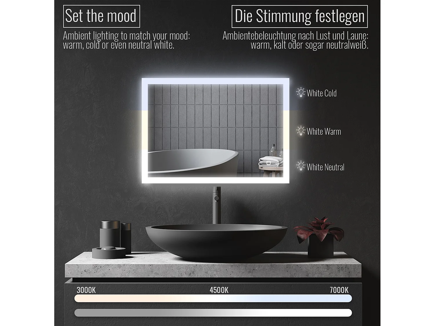Miroir LED - 50x70 cm - avec fonction anti-condensation - dimmable