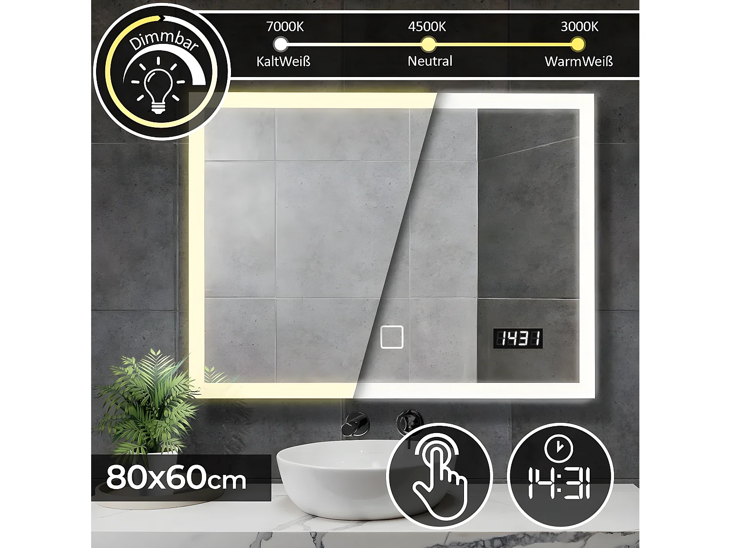 Miroir LED - 80x60 cm - touch screen met horloge digitale - dimmable