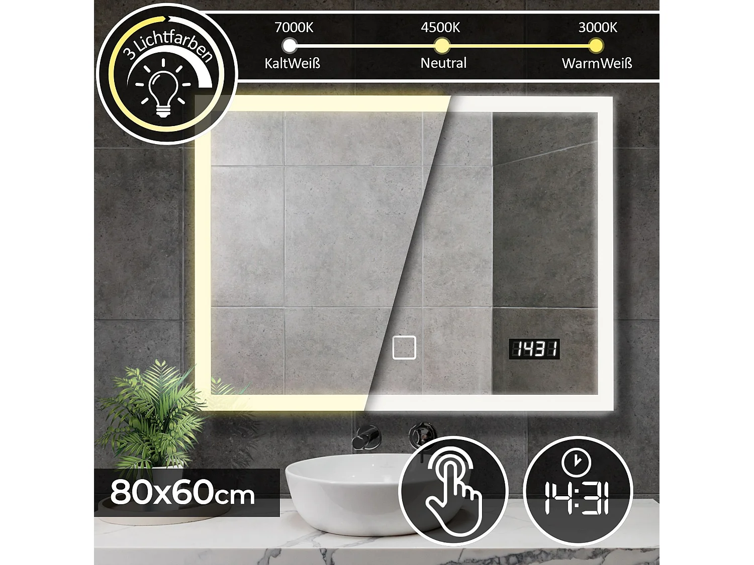 Miroir LED - 80x60 cm - touch screen met horloge digitale - dimmable