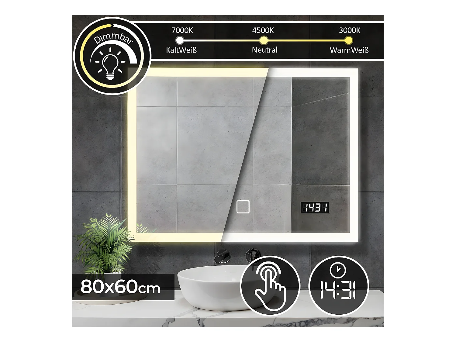 Miroir LED - 80x60 cm - touch screen met horloge digitale - dimmable