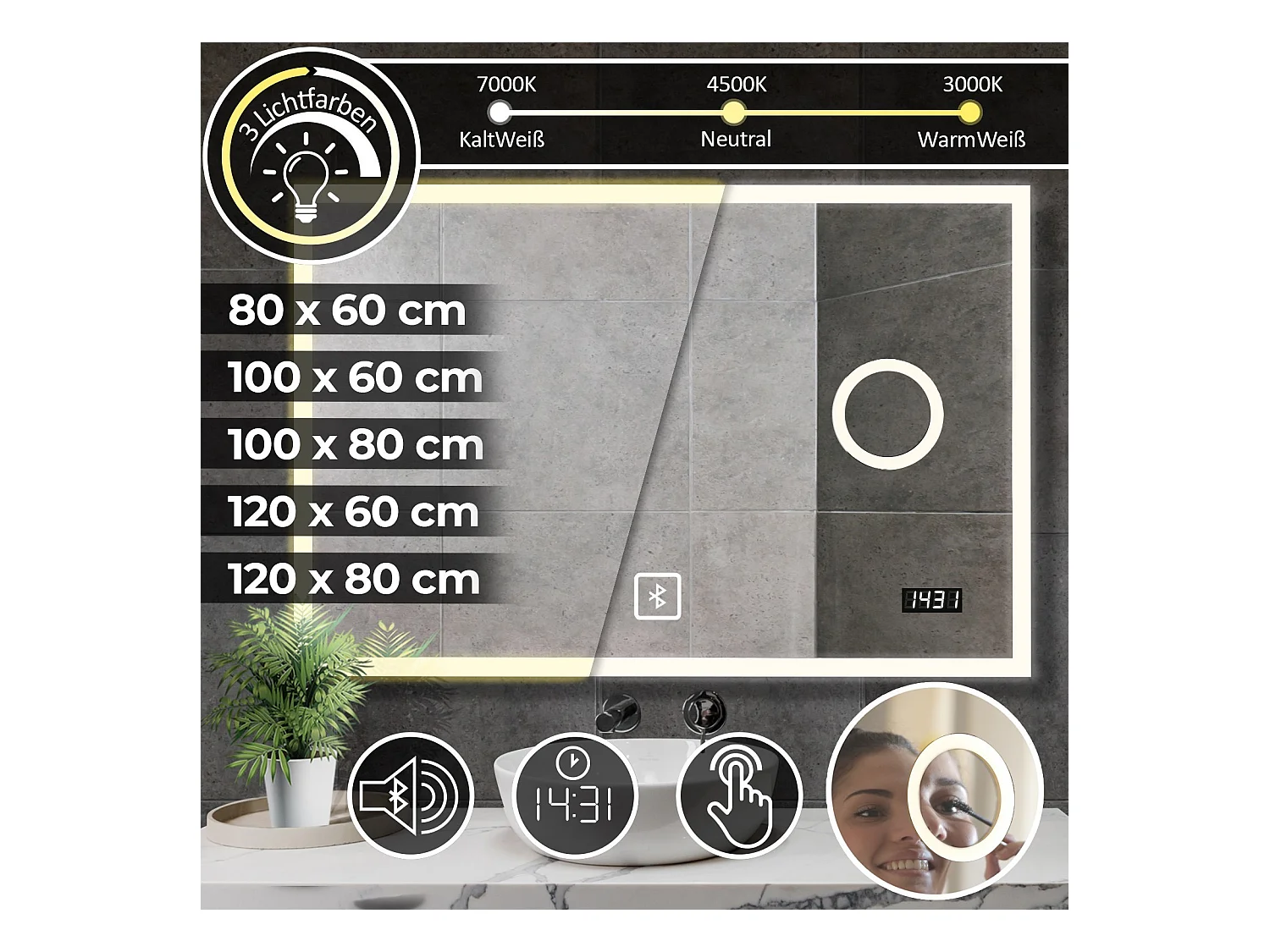 Miroir LED - 80x60 cm - touch screen met horloge digitale - dimmable