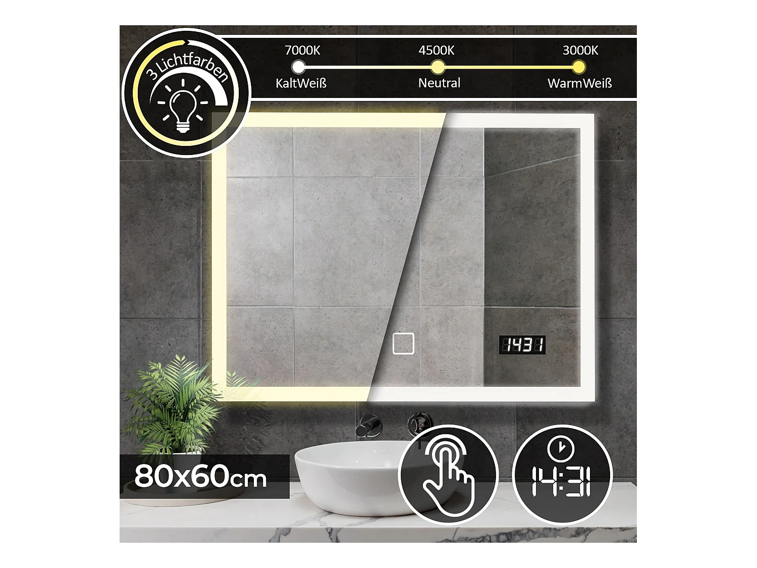 Miroir LED - 80x60 cm - touch screen met horloge digitale - dimmable