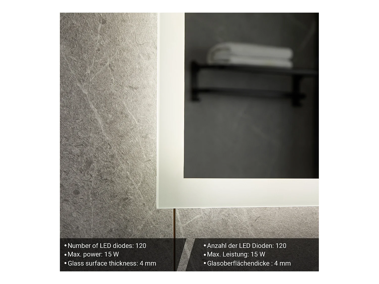 Miroir LED - 80x60 cm - touch screen met horloge digitale - dimmable