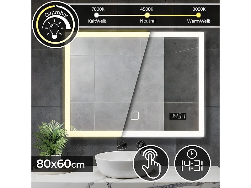 Led spiegel - 80x60 cm - touch screen met digitale klok - dimbaar