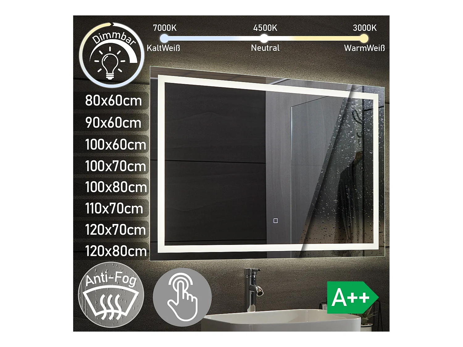 Led spiegel - 100x60 cm - met anti condens functie - dimbaar
