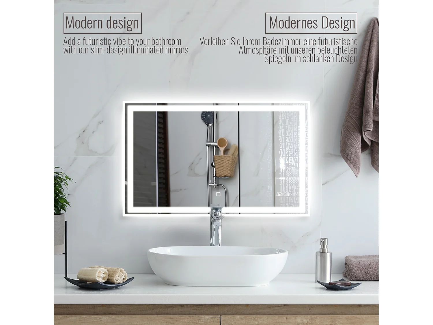 Led spiegel - 100x60 cm - met anti condens functie + digitale klok