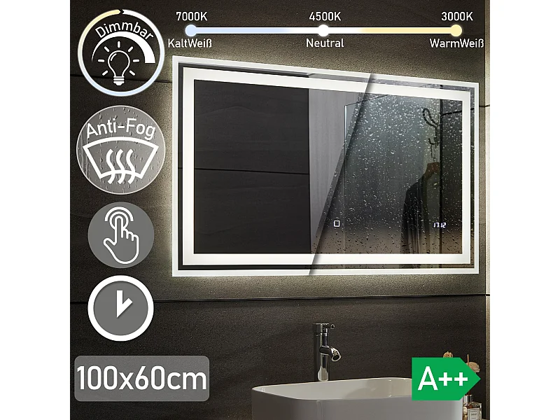 Miroir LED - 100x60 cm - avec fonction anti-condensation + horloge digitale