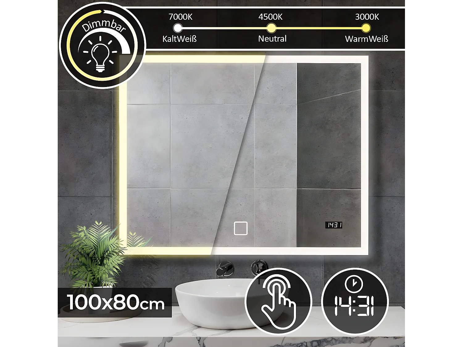Miroir LED - 100x80 cm - touch screen met horloge digitale - dimmable