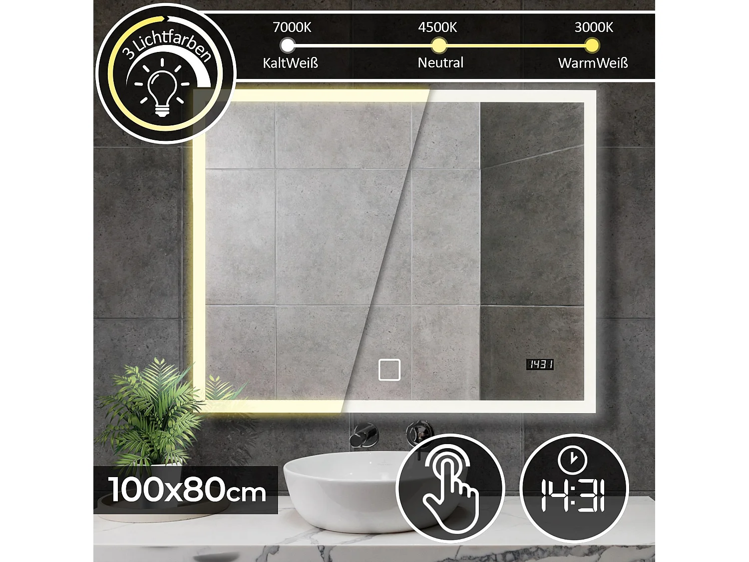 Miroir LED - 100x80 cm - touch screen met horloge digitale - dimmable
