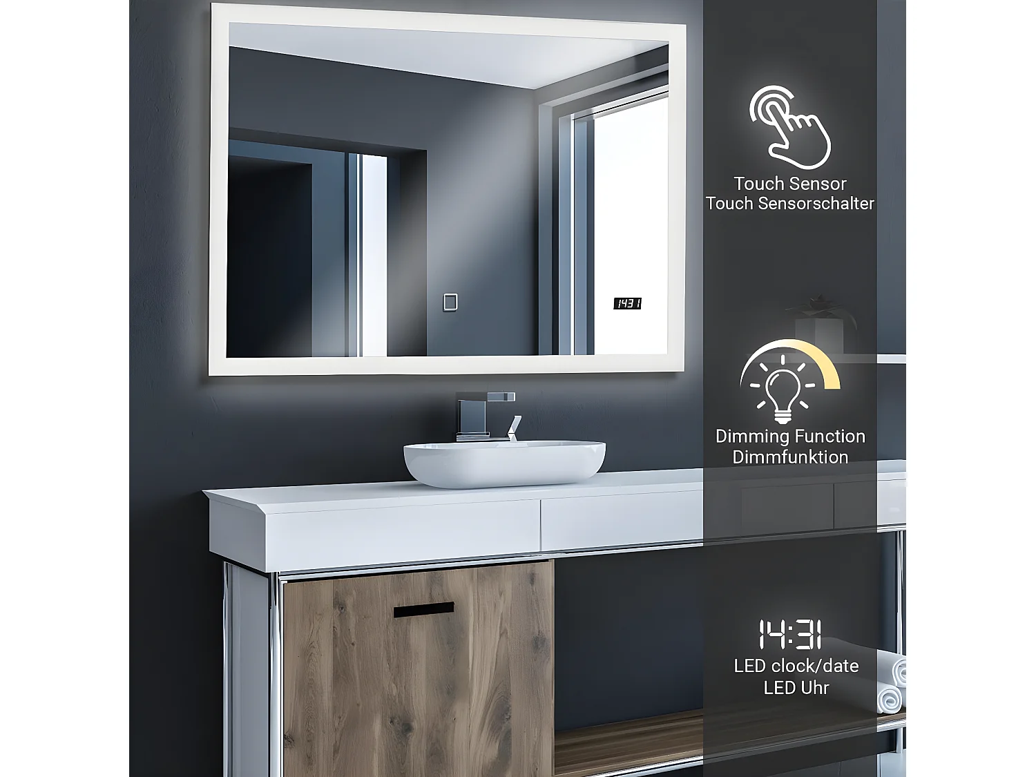Miroir LED - 100x80 cm - touch screen met horloge digitale - dimmable