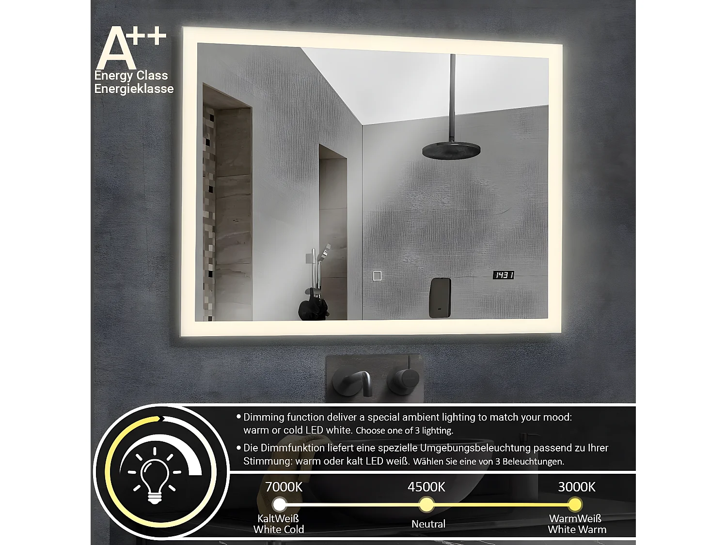 Miroir LED - 100x80 cm - touch screen met horloge digitale - dimmable