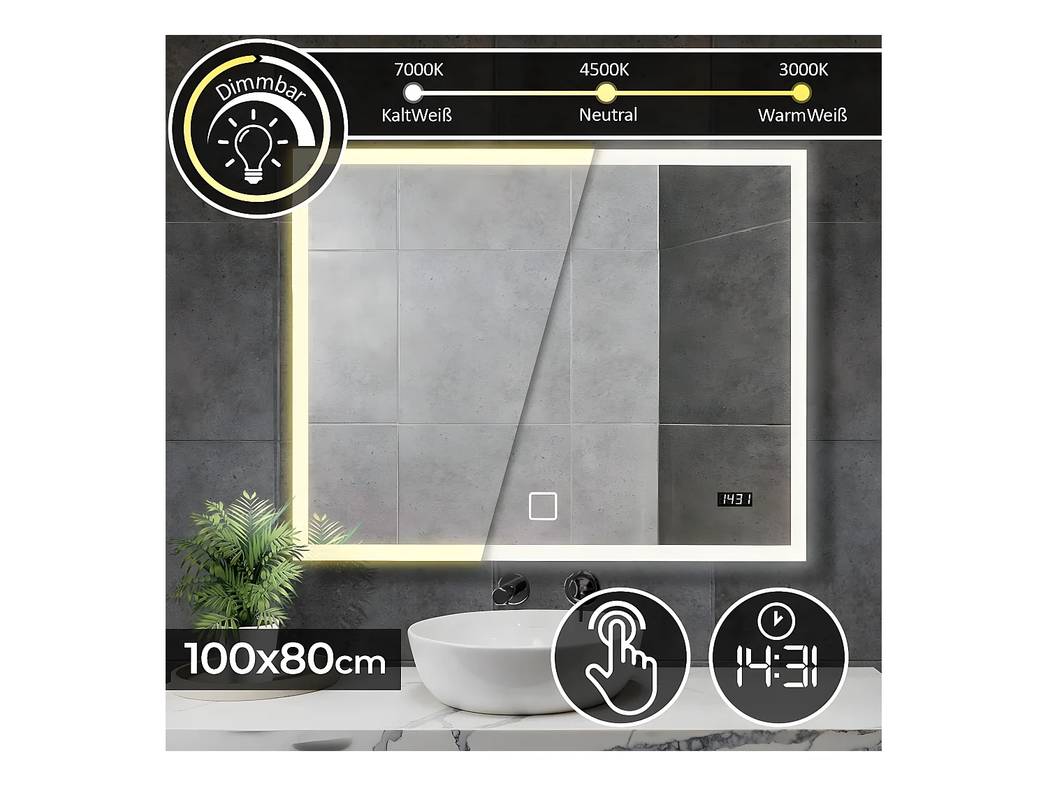 Led spiegel - 100x80 cm - touch screen met digitale klok - dimbaar