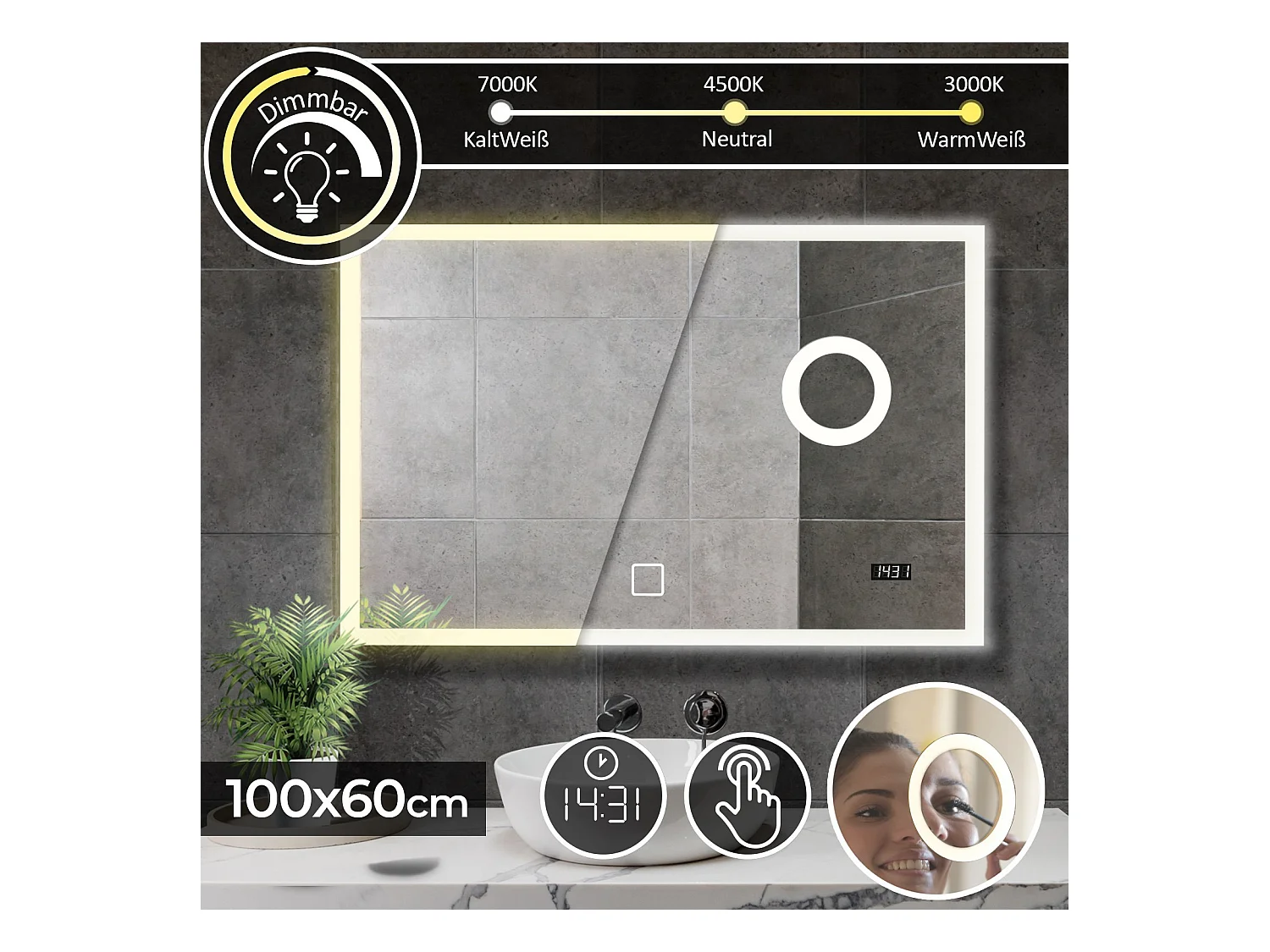Led spiegel - 100x60 cm - met make-up spiegel + digitale klok