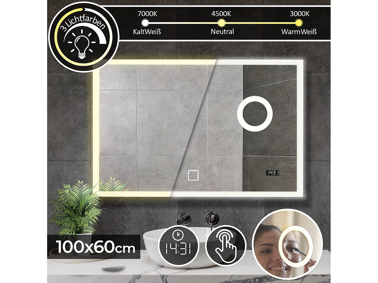 Led spiegel - 100x60 cm - met make-up spiegel + digitale klok