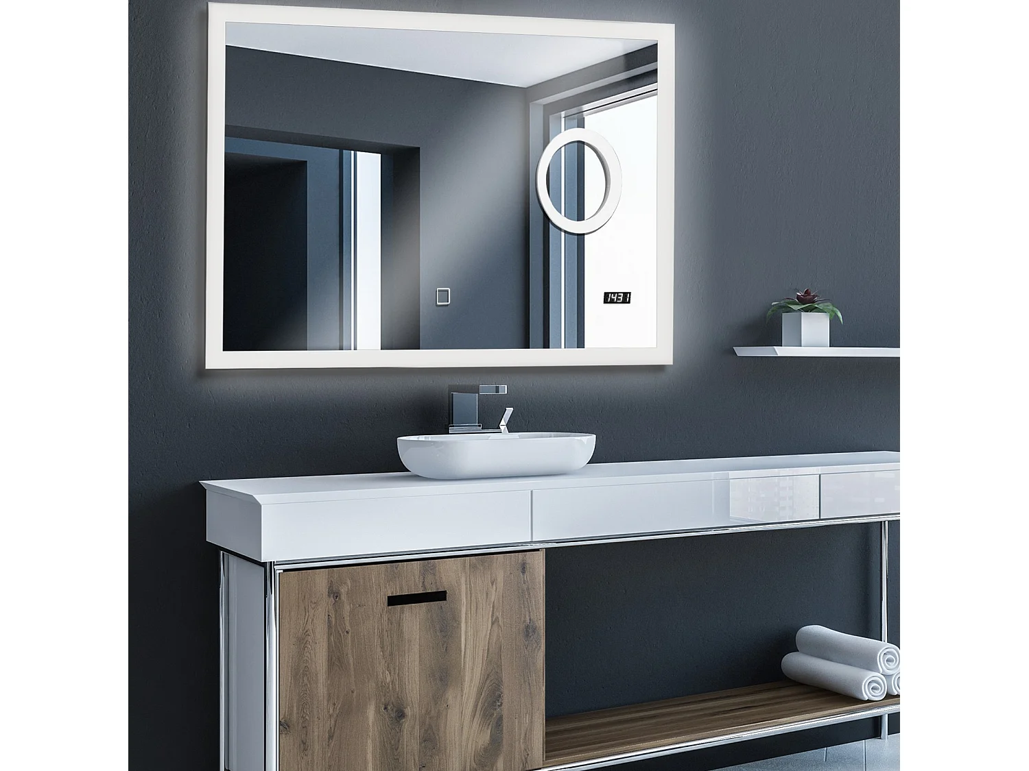 Led spiegel - 100x60 cm - met make-up spiegel + digitale klok