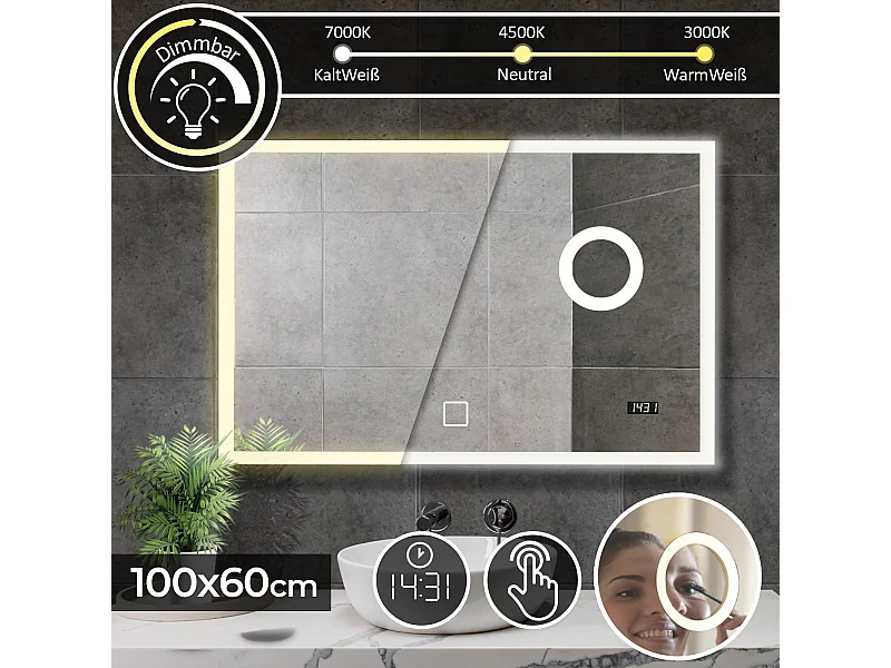 Led spiegel - 100x60 cm - met make-up spiegel + digitale klok