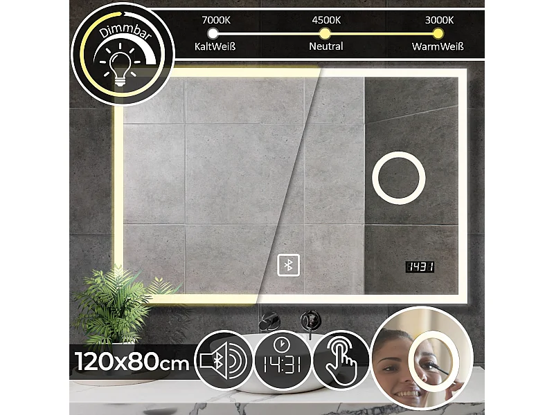 Miroir LED - 120x80 cm - avec haut-parleur Bluetooth + miroir de maquillage + horloge digitale
