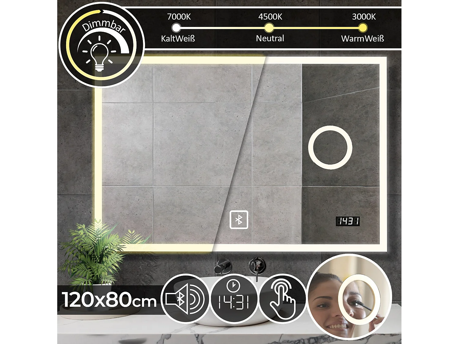 Miroir LED - 120x80 cm - avec haut-parleur Bluetooth + miroir de maquillage + horloge digitale