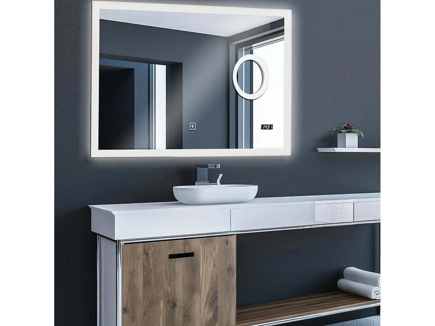 Miroir LED - 120x80 cm - avec haut-parleur Bluetooth + miroir de maquillage + horloge digitale