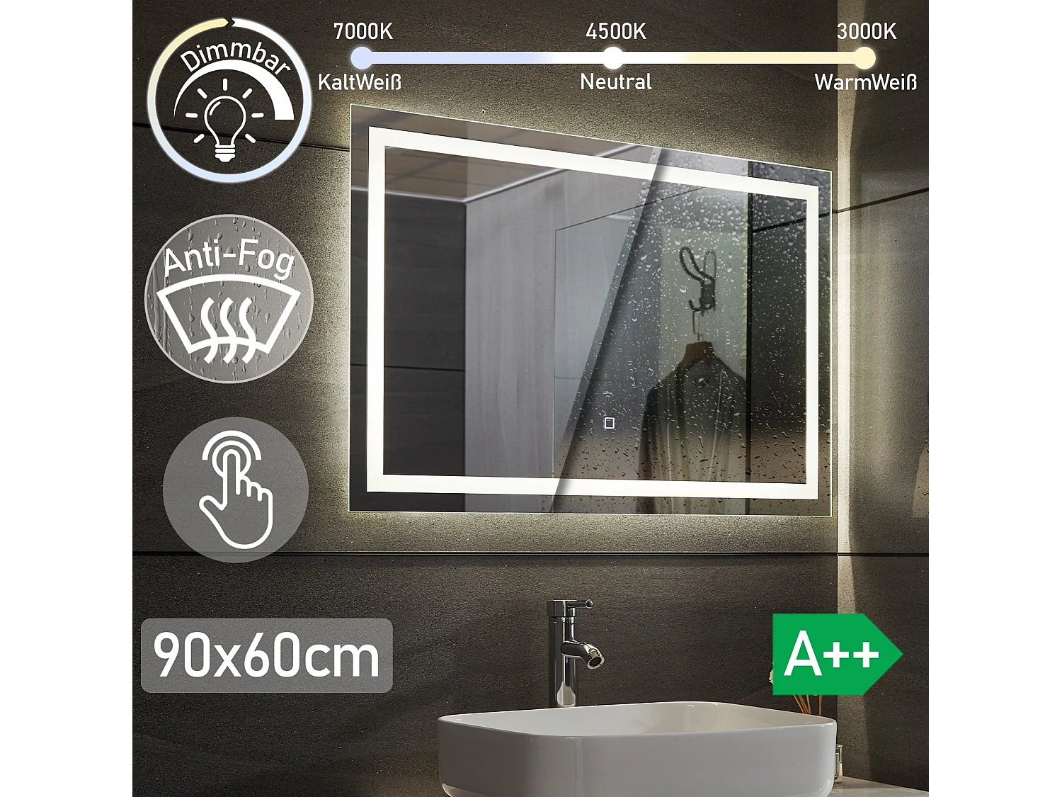Miroir LED - 90x60 cm - avec fonction anti-condensation - dimmable