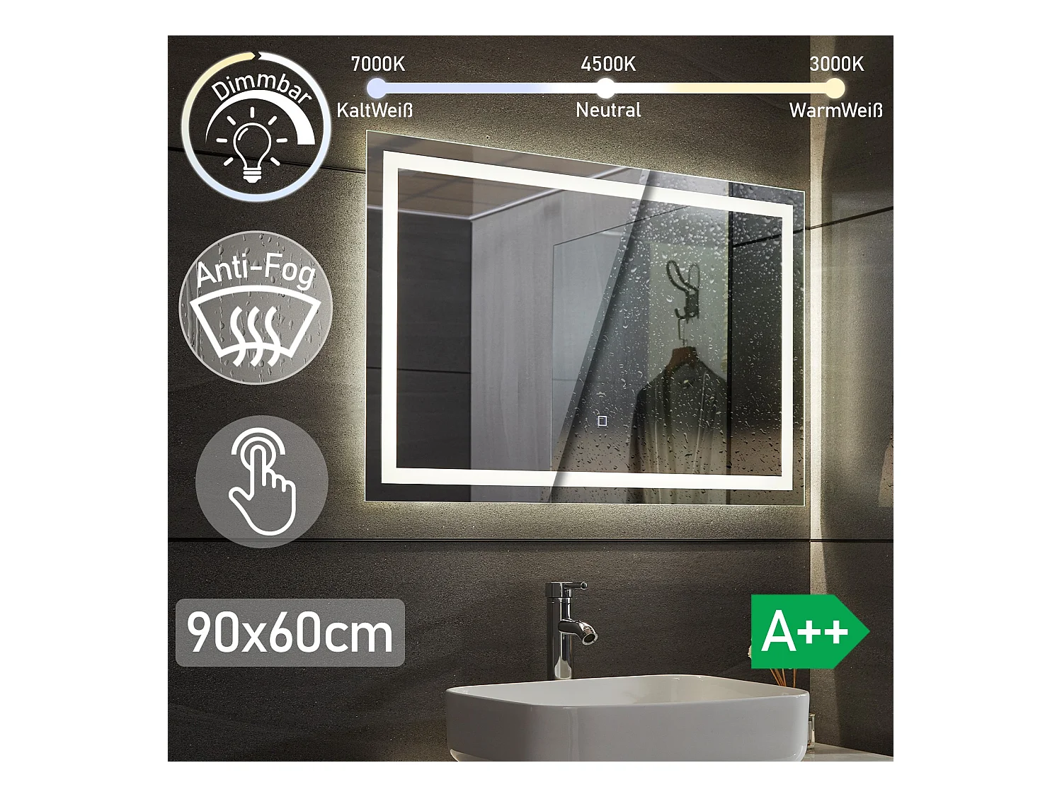 Led spiegel - 90x60 cm - met anti condens functie - dimbaar