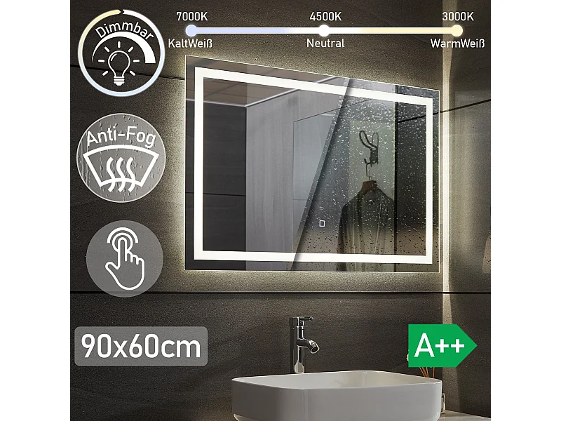 Led spiegel - 90x60 cm - met anti condens functie - dimbaar