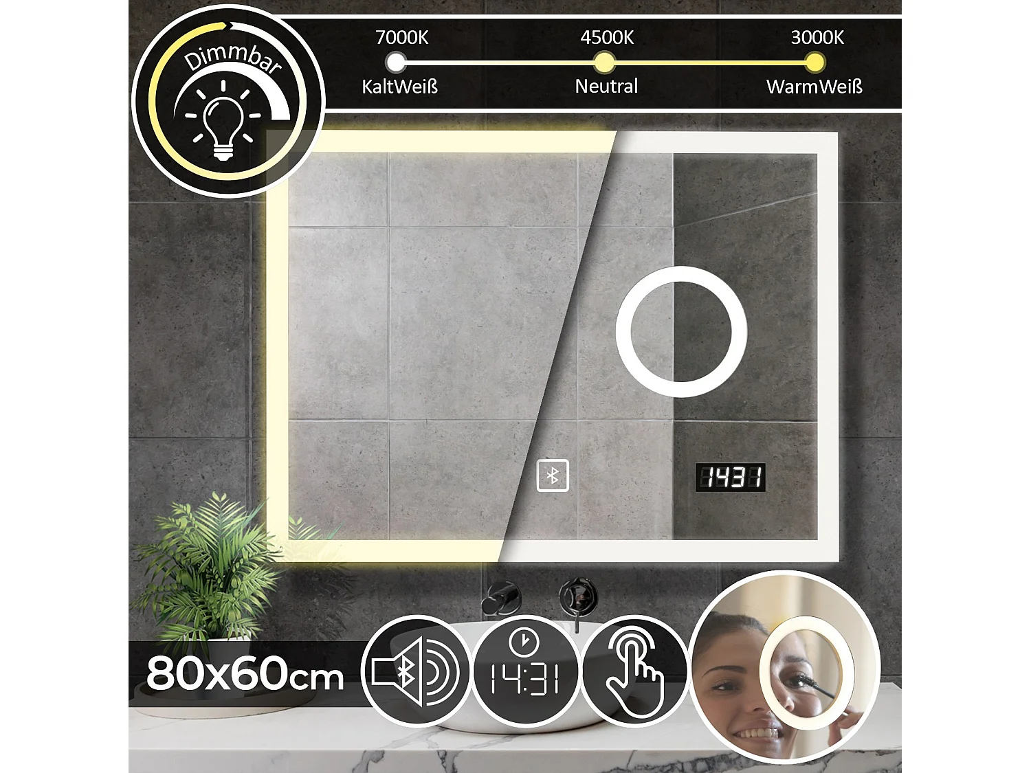 Miroir LED - 80x60 cm - avec haut-parleur Bluetooth + miroir de maquillage + horloge