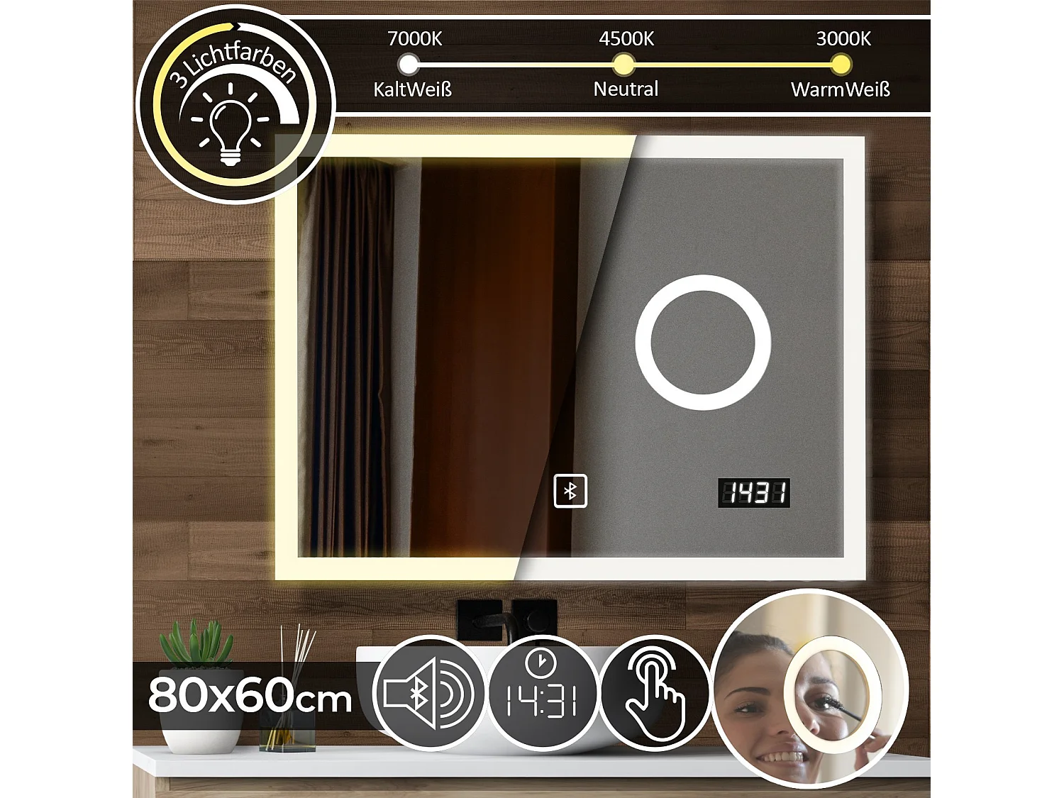 Miroir LED - 80x60 cm - avec haut-parleur Bluetooth + miroir de maquillage + horloge