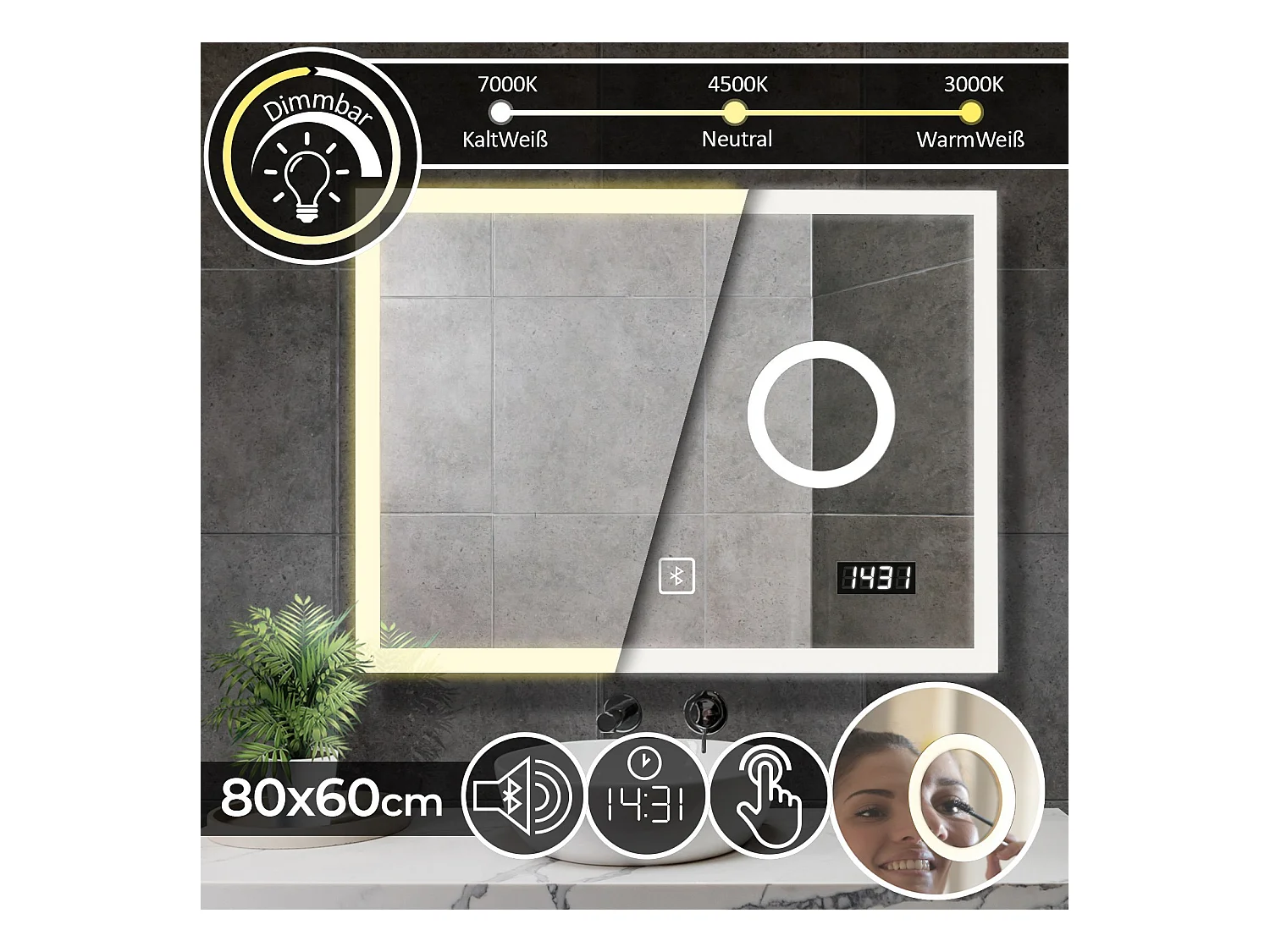 Led spiegel - 80x60 cm - met bluetooth speaker + make-up spiegel + klok