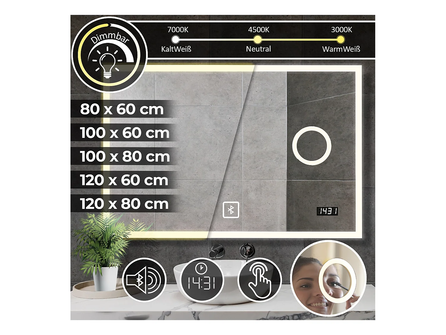 Led spiegel - 80x60 cm - met bluetooth speaker + make-up spiegel + klok