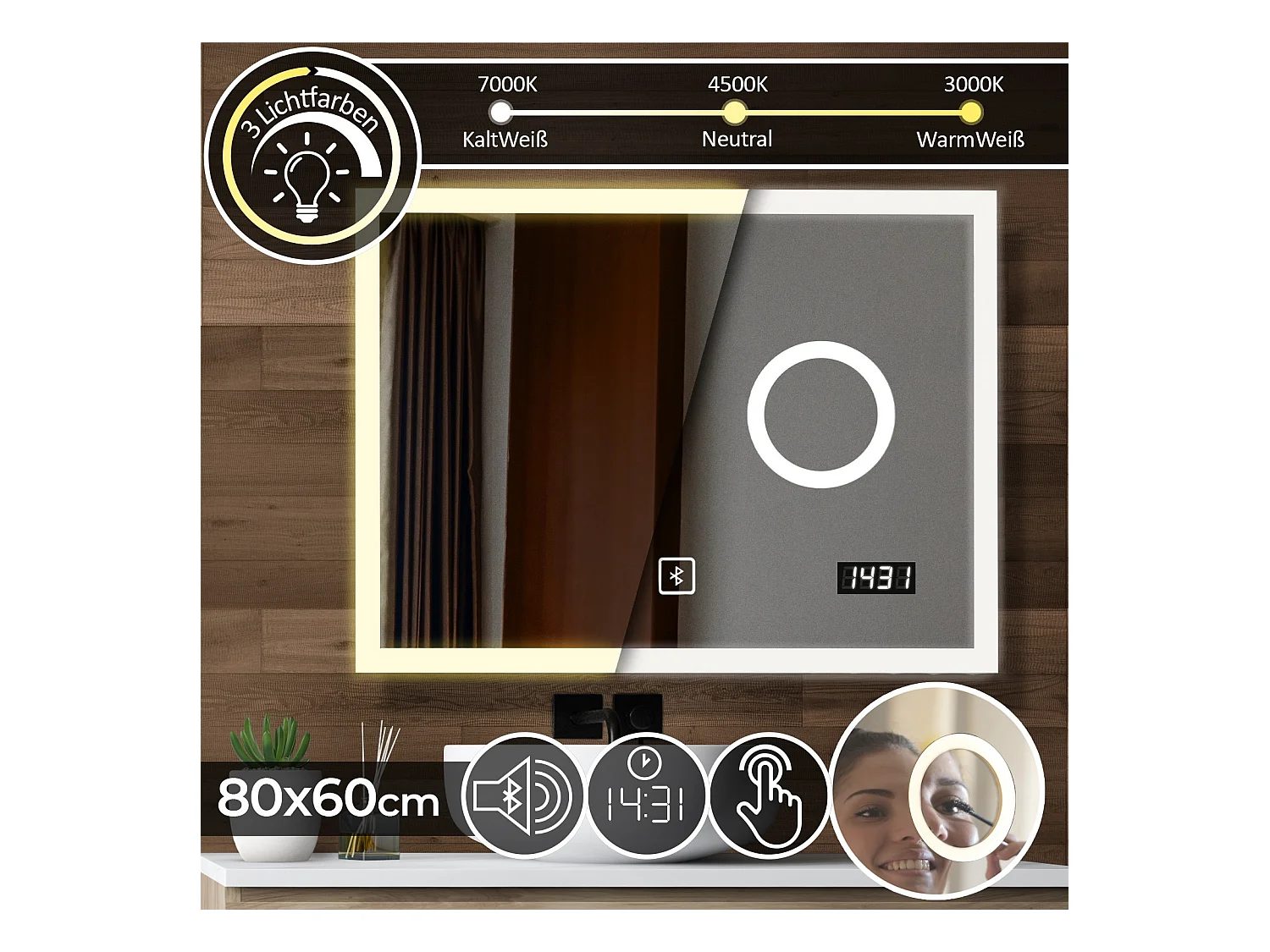 Led spiegel - 80x60 cm - met bluetooth speaker + make-up spiegel + klok