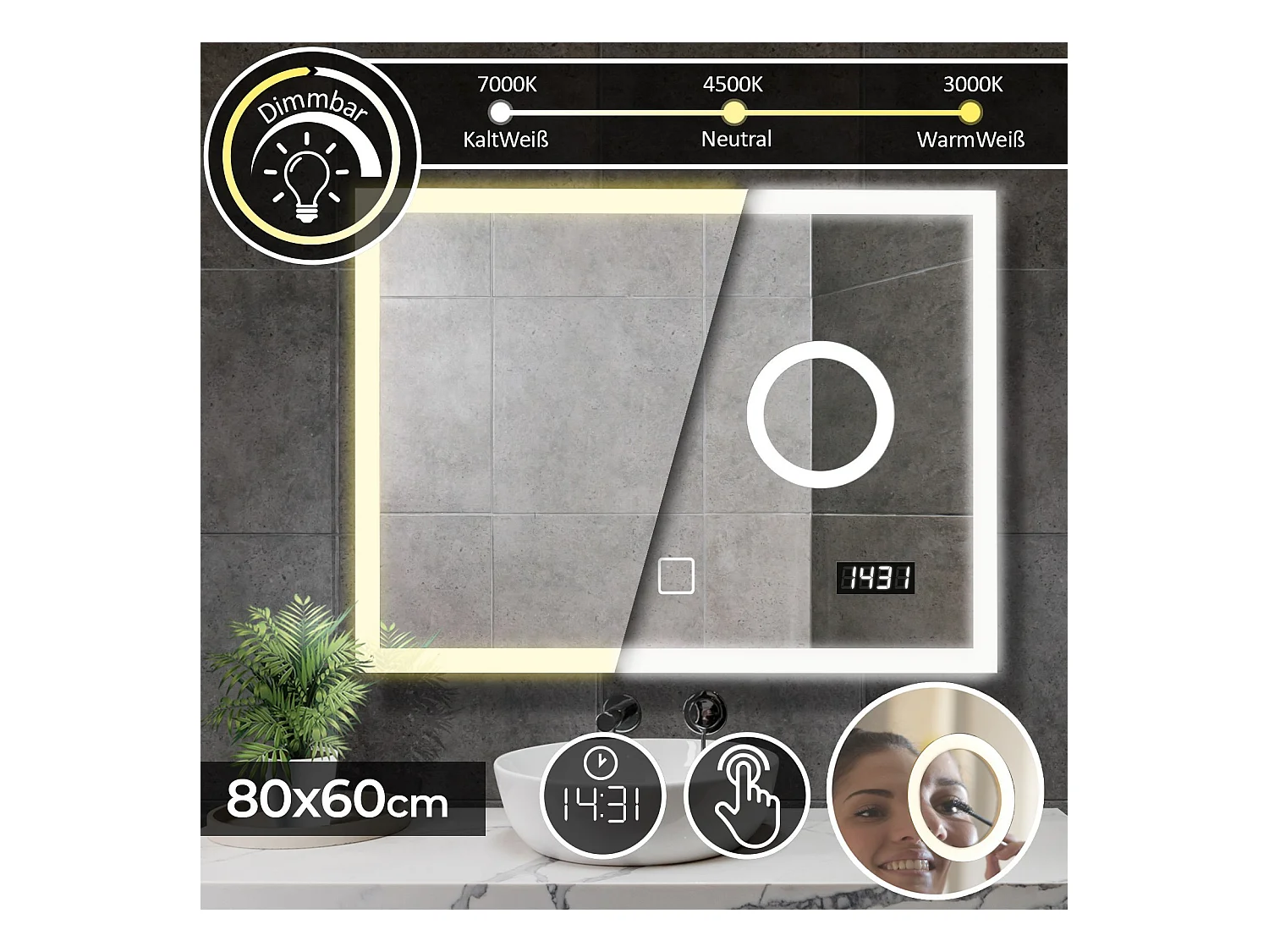 Miroir LED - 80x60 cm - miroir de maquillage + horloge digitale