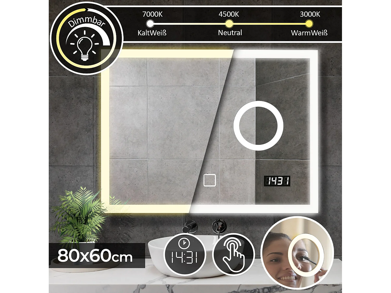 Miroir LED - 80x60 cm - miroir de maquillage + horloge digitale