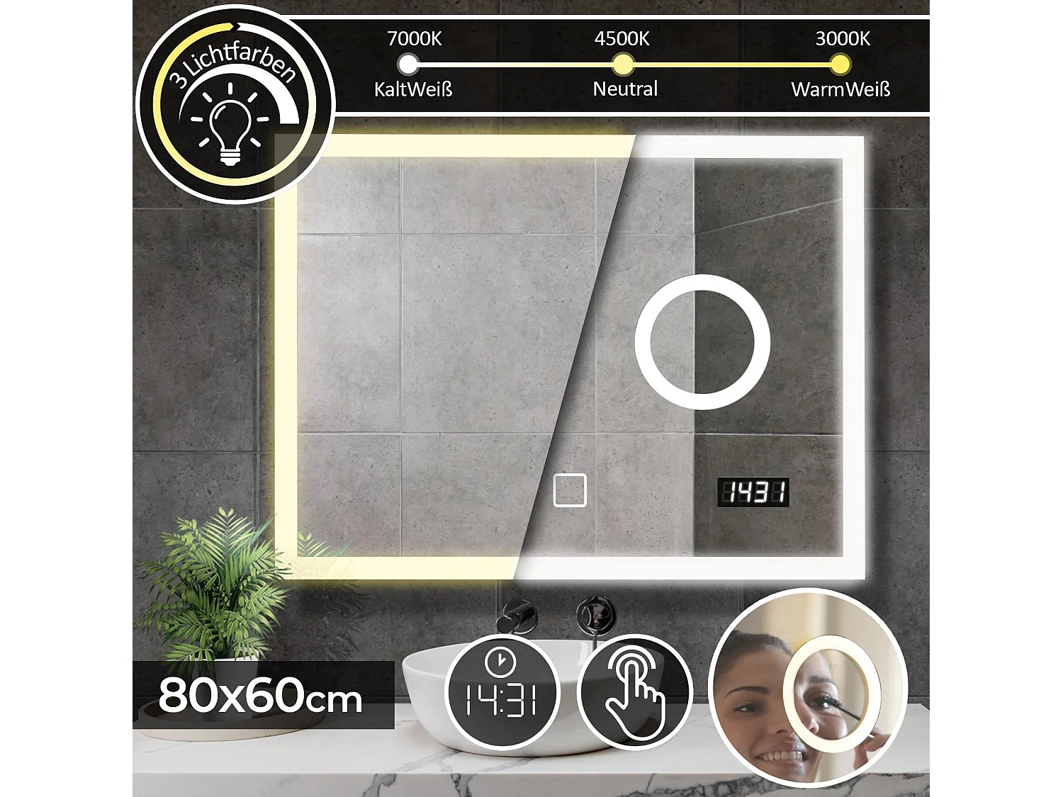 Miroir LED - 80x60 cm - miroir de maquillage + horloge digitale