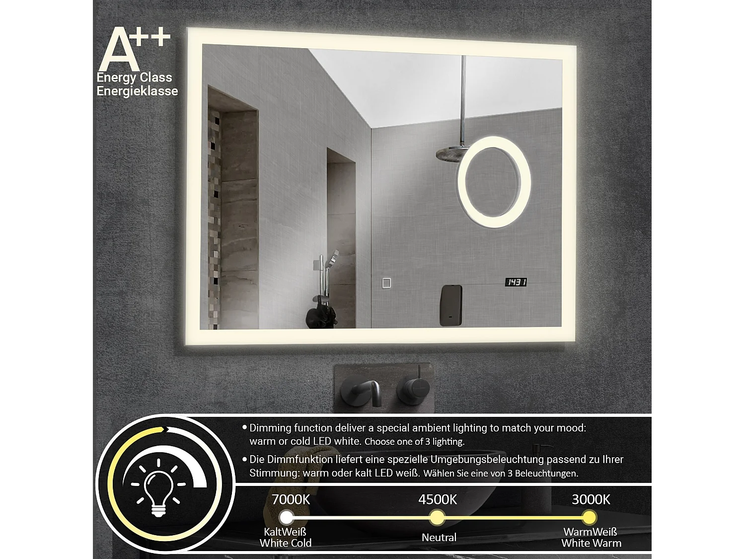 Miroir LED - 80x60 cm - miroir de maquillage + horloge digitale