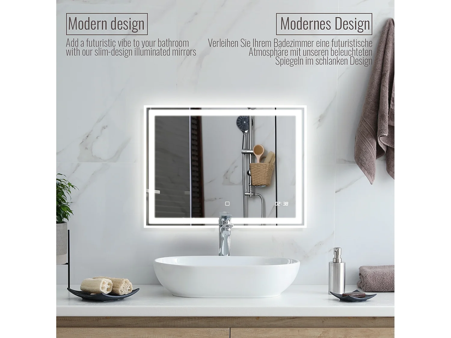 Led spiegel - 80x60 cm - met anti condens functie + klok - dimbaar