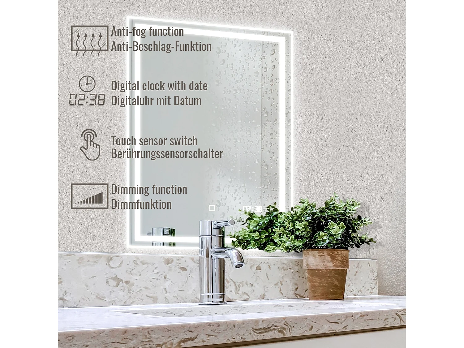 Led spiegel - 80x60 cm - met anti condens functie + klok - dimbaar