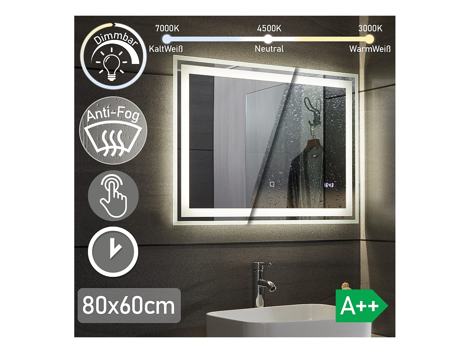 Miroir LED - 80x60 cm - avec fonction anti-condensation + horloge - dimmable
