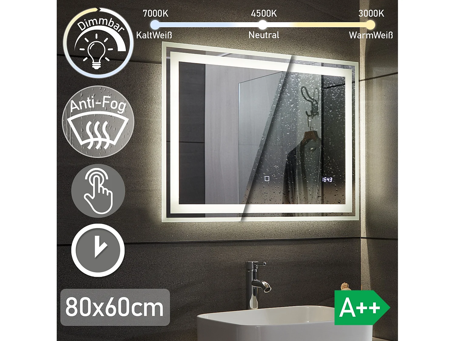 Miroir LED - 80x60 cm - avec fonction anti-condensation + horloge - dimmable