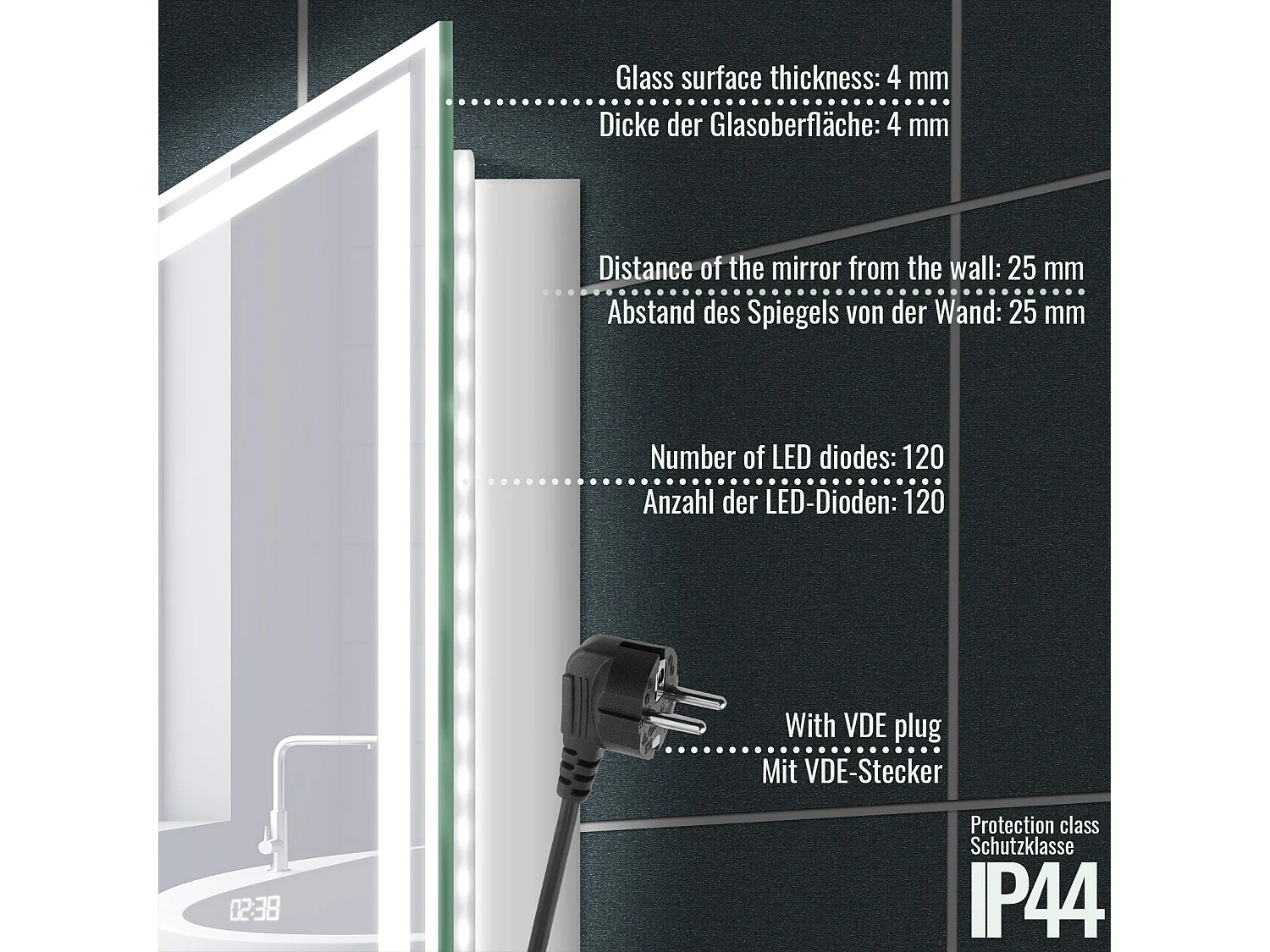 Miroir LED - 80x60 cm - avec fonction anti-condensation + horloge - dimmable