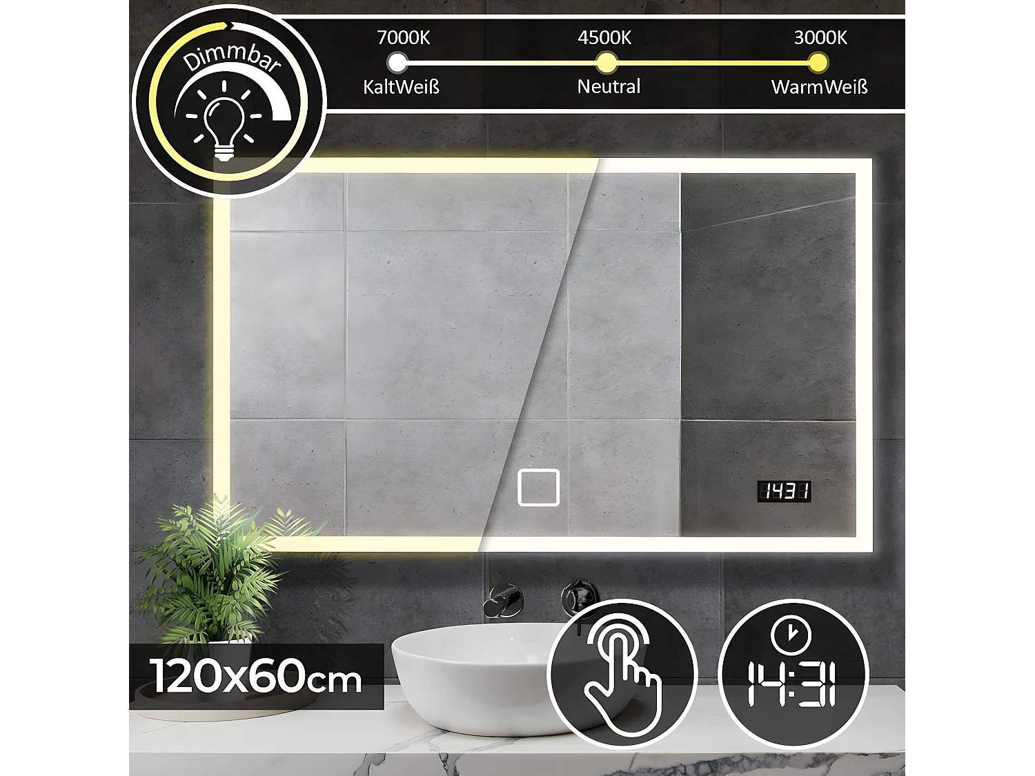 Miroir LED - 120x60 cm - met horloge digitale - dimmable