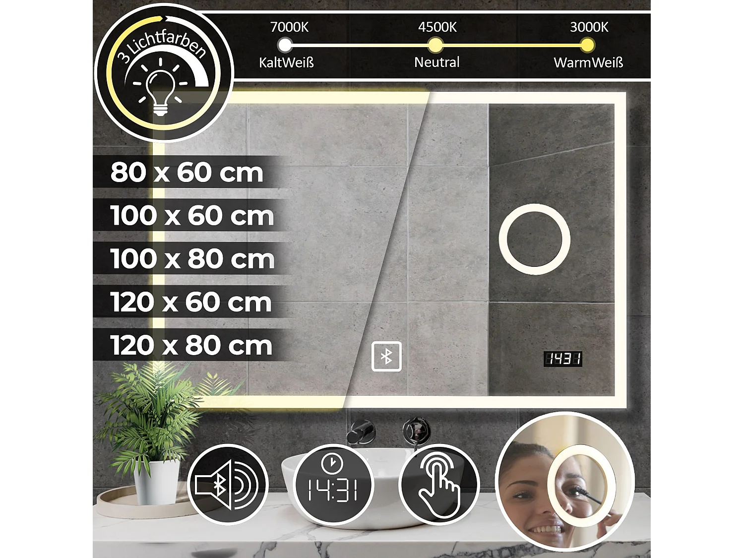 Miroir LED - 120x60 cm - met horloge digitale - dimmable