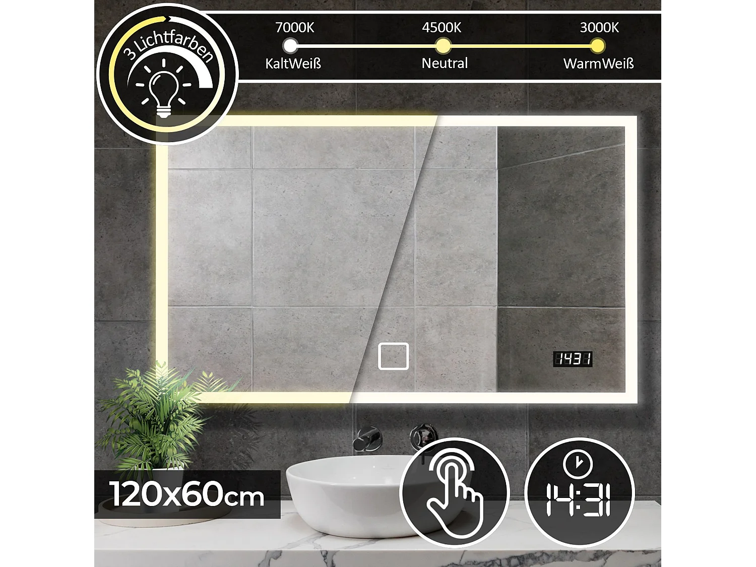 Miroir LED - 120x60 cm - met horloge digitale - dimmable