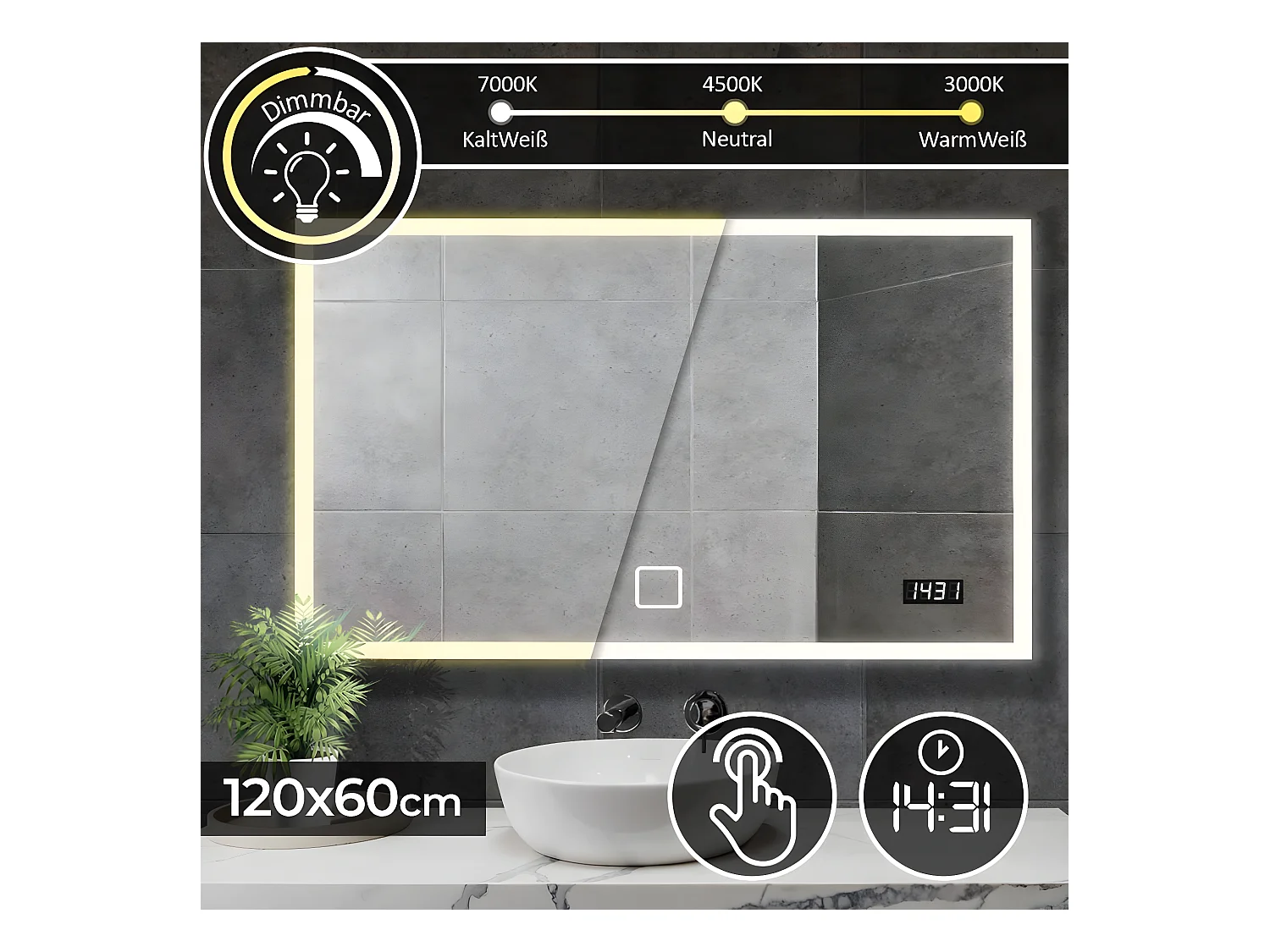 Led spiegel - 120x60 cm - met digitale klok - dimbaar
