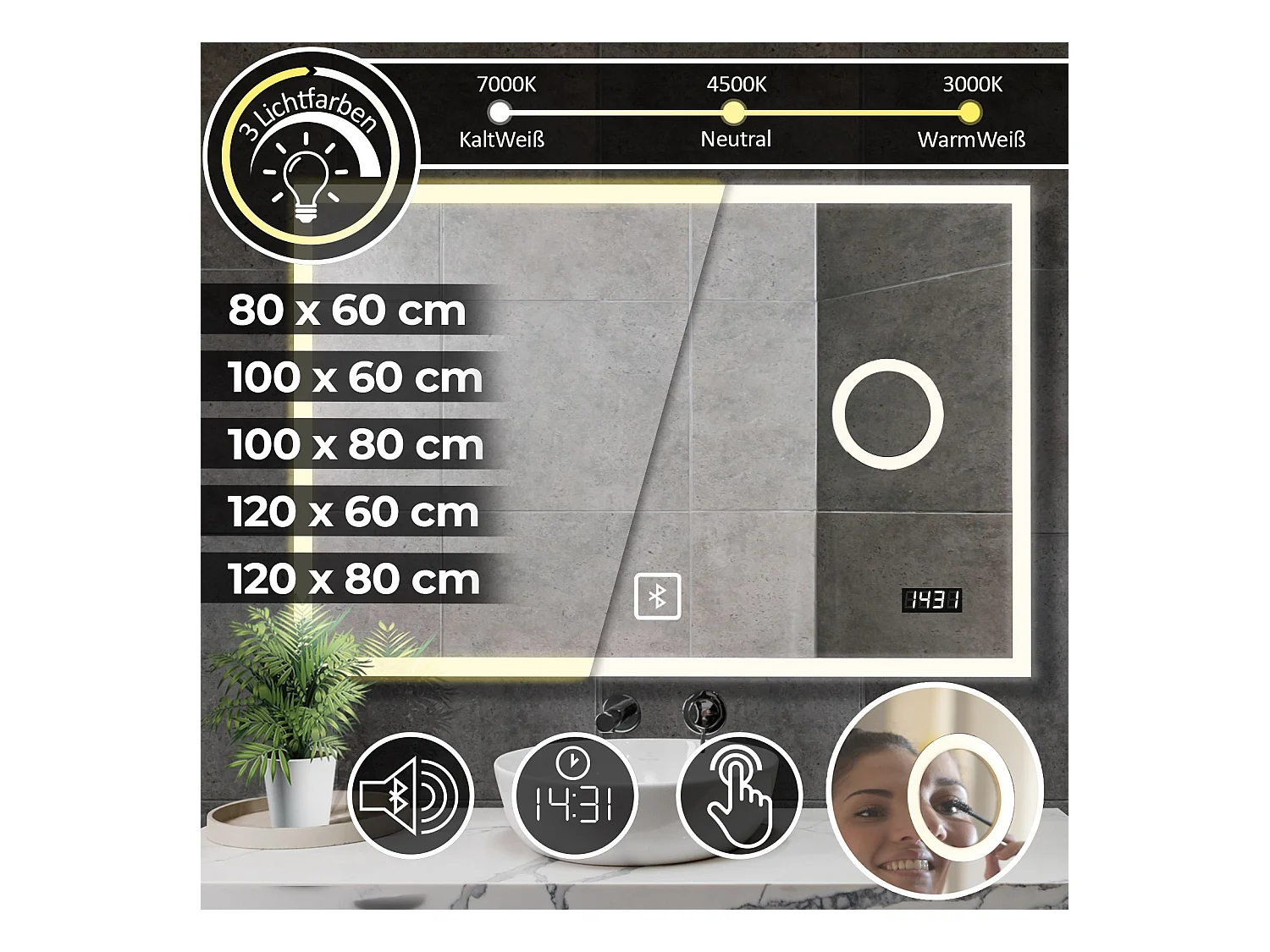 Led spiegel - 120x60 cm - met digitale klok - dimbaar