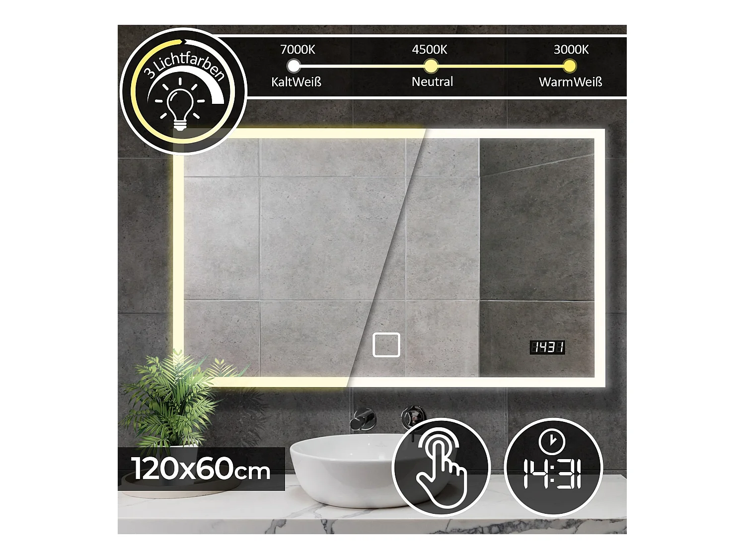 Led spiegel - 120x60 cm - met digitale klok - dimbaar