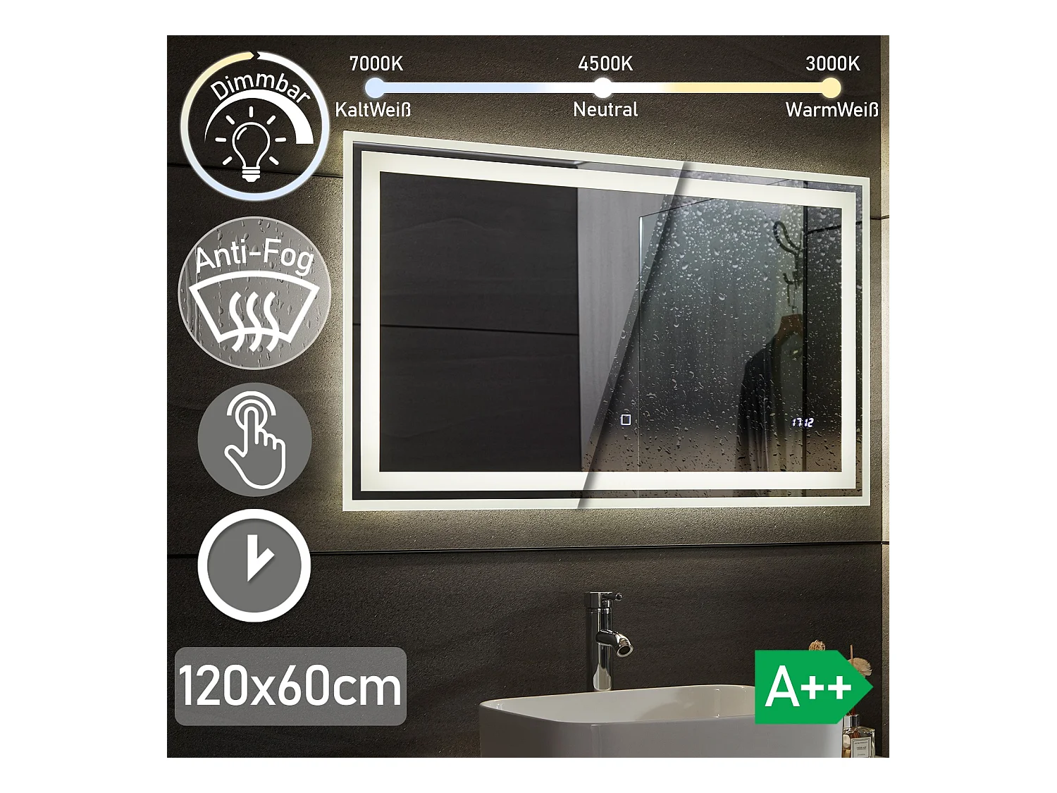 Led spiegel - 120x60 cm - met anti condens functie + digitale klok