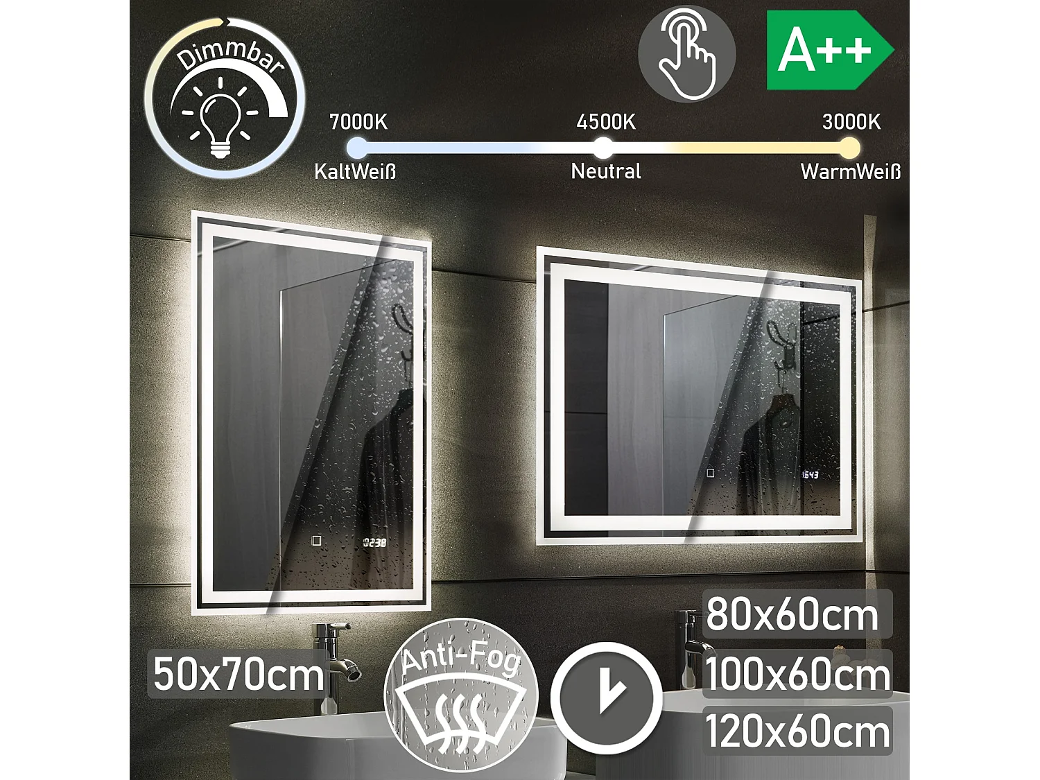 Led spiegel - 120x60 cm - met anti condens functie + digitale klok