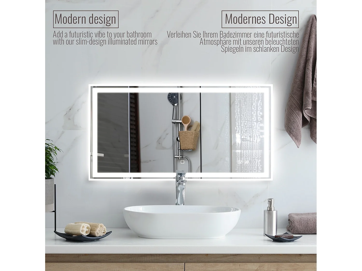 Led spiegel - 120x60 cm - met anti condens functie + digitale klok