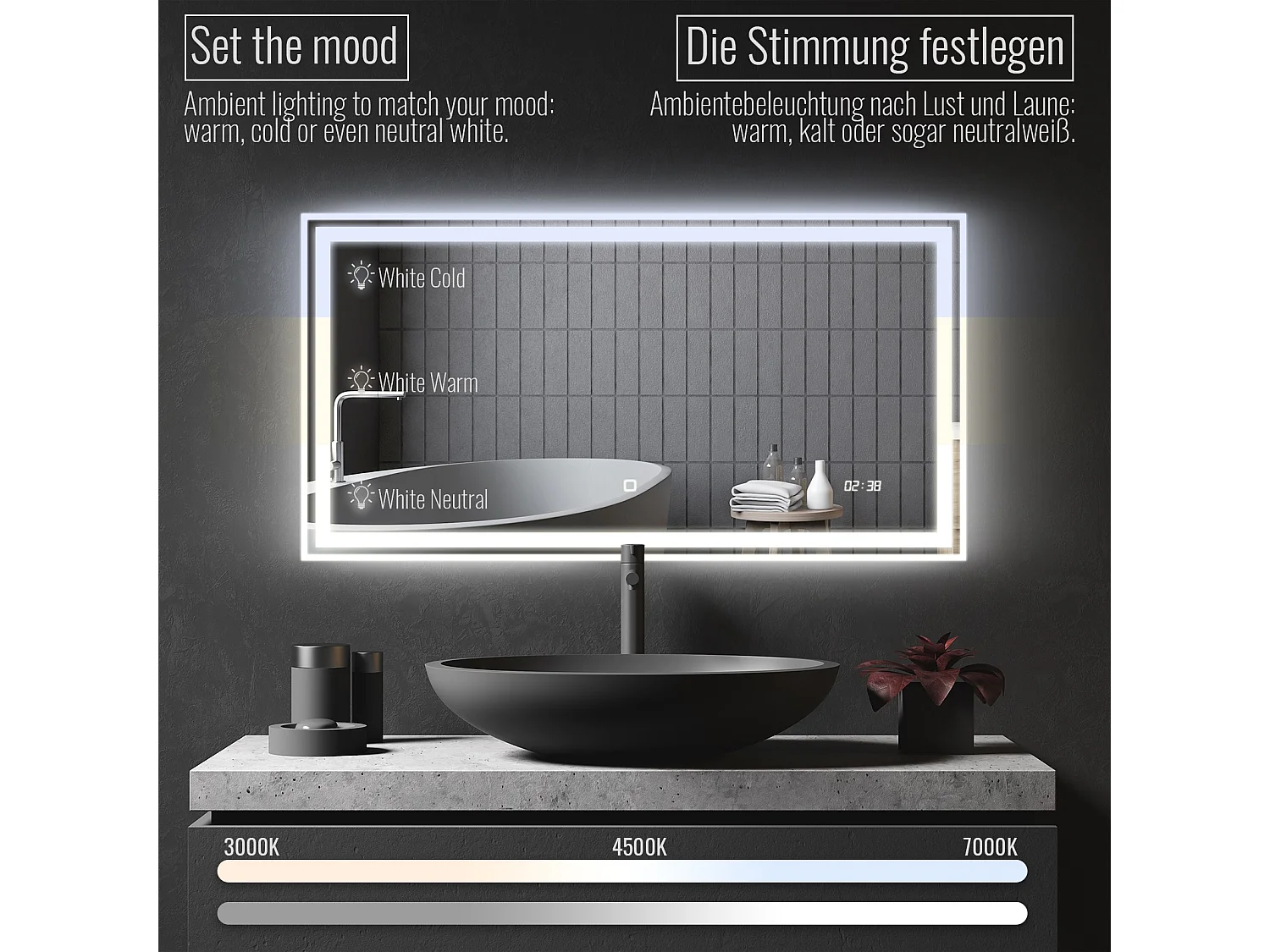 Led spiegel - 120x60 cm - met anti condens functie + digitale klok